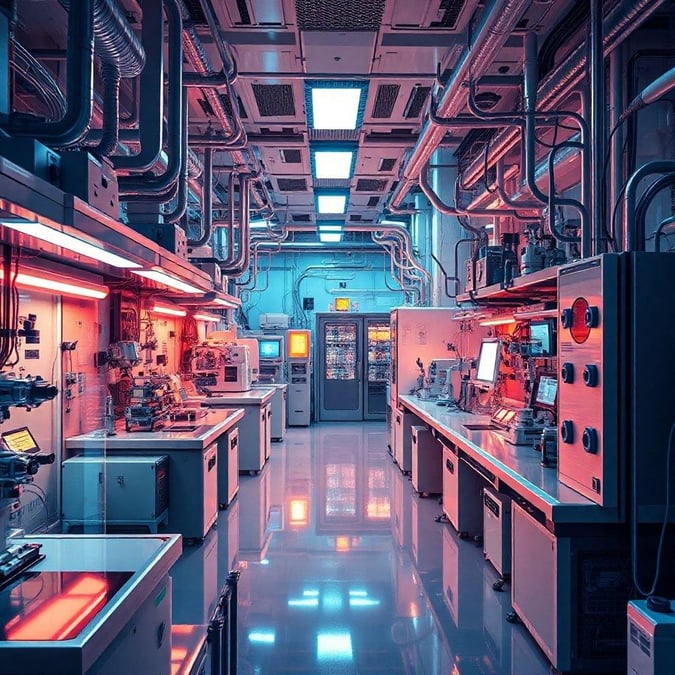 Beneath the soft glow of overhead lights, an array of precision instruments and screens fill this modern lab space. The metallic sheen of pipes and equipment hints at cutting-edge research or perhaps the creation of next-generation technology.