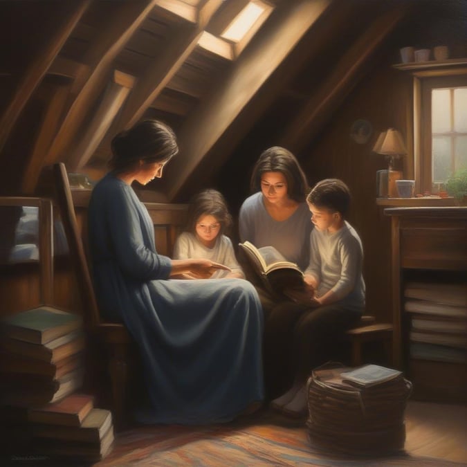 A heartwarming scene of a mother sharing a storybook with her three children, cozy in their attic room. A perfect Mother's Day wallpaper.