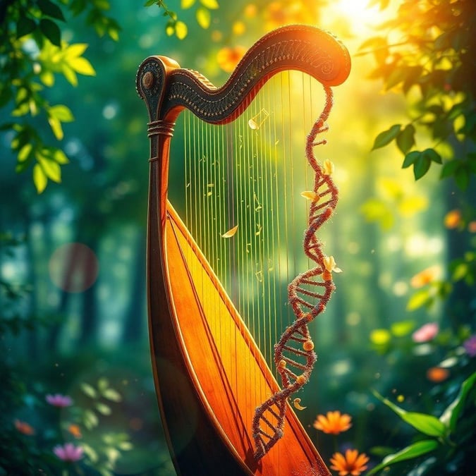 An enchanting scene featuring a harp amidst the verdant beauty of nature. The music flows as sweetly as the morning dew and is just as refreshing.