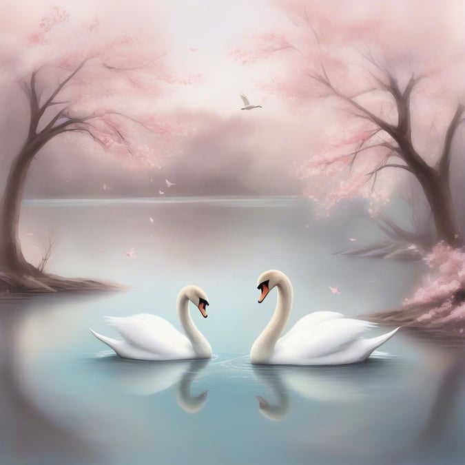 A serene scene of two swans gently floating on a still lake, basking in the soft light as they gaze into each other's eyes. The cherry blossoms add a touch of springtime charm to this peaceful setting that evokes tranquility and love.