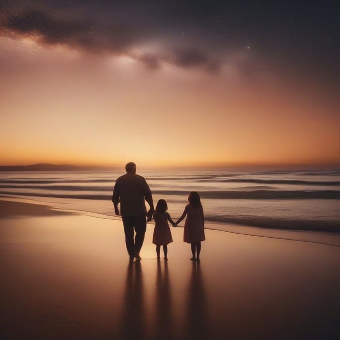 A heartwarming scene of a father and his two daughters enjoying quality time together at the beach, capturing the essence of Father's Day.