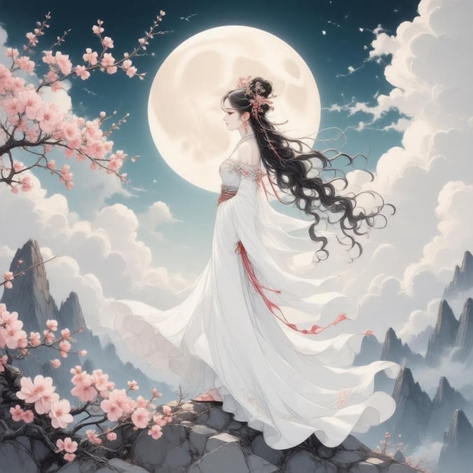 Immerse yourself in the serene world of anime with this captivating wallpaper, featuring a majestic woman under the soft glow of the full moon.