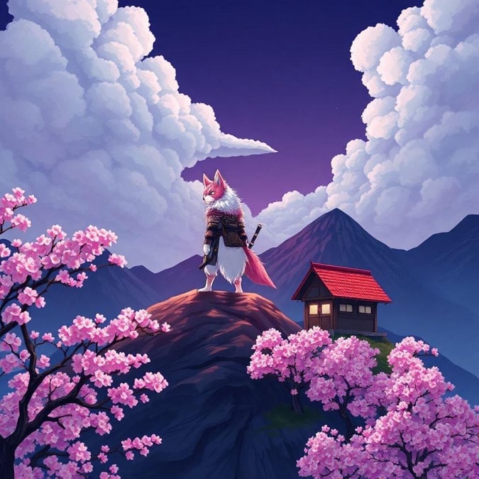 This stunning anime wallpaper features a young samurai standing on a mountain, surrounded by a forest of cherry blossom trees. The samurai's vibrant pink and white fur stands out against the dark background, while the small wooden hut to its right adds a touch of warmth and coziness. The fluffy clouds in the sky complete the dreamy atmosphere, making this wallpaper perfect for fans of anime and nature.