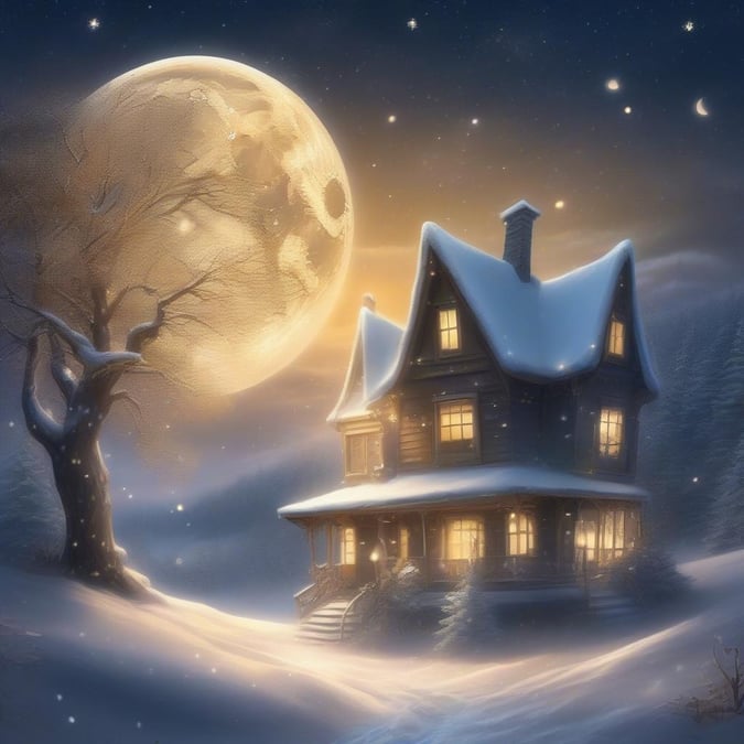 A serene winter scene with a cozy house, snow-covered trees, and a full moon in the sky.