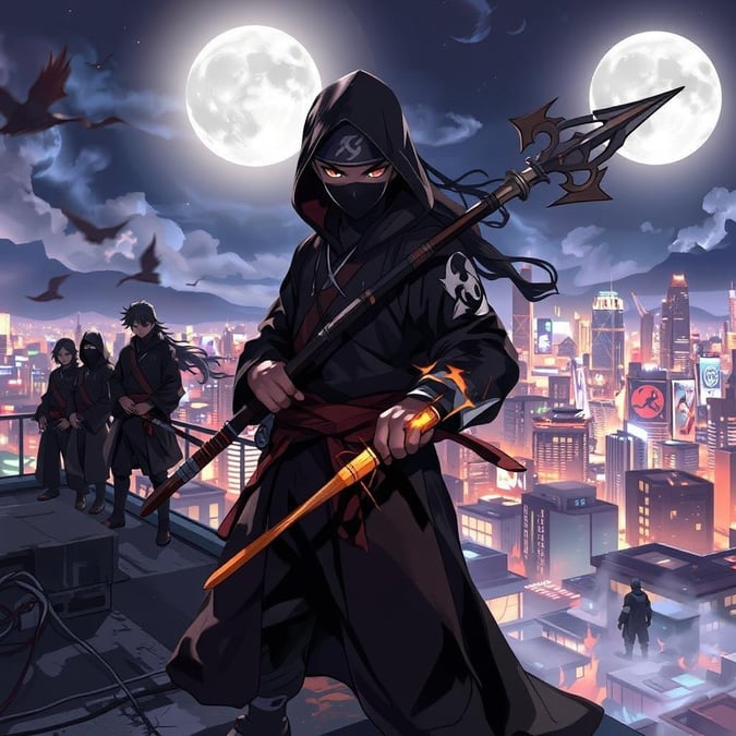 A group of young ninjas embark on an adventurous nighttime mission against the backdrop of a glowing cityscape under the moonlight.