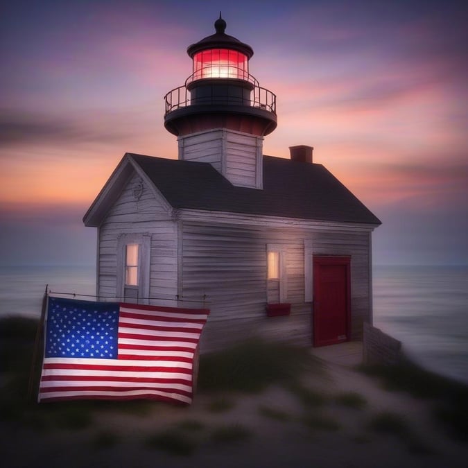 Celebrate the spirit of Independence Day at this charming coastal lighthouse, where the American flag is proudly displayed. The warm glow of the setting sun casts a serene ambiance over the scene.