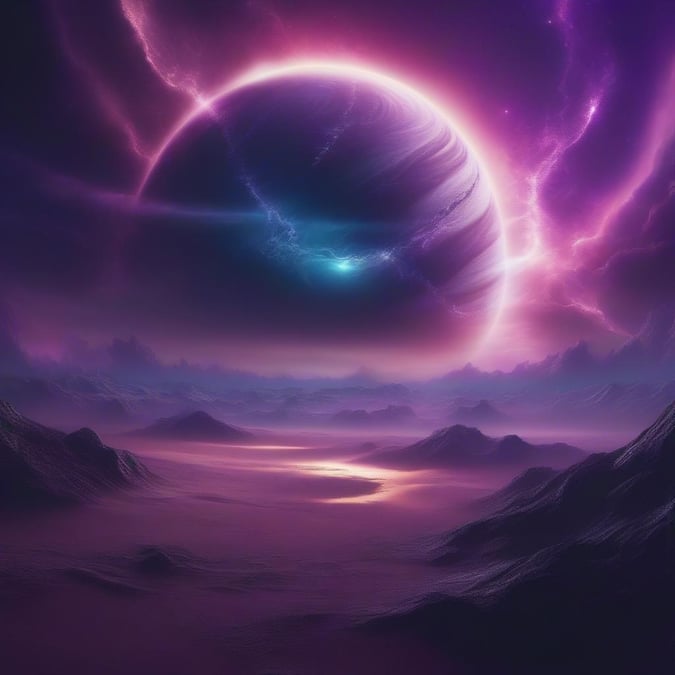 An enchanting cosmic view featuring a massive moon looming over a barren landscape, with vibrant nebula clouds against the backdrop of a twilight sky.