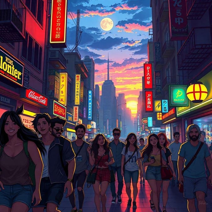 Vibrant scene with people strolling down a bustling city street during the golden hour, illuminated by neon signs and city lights. A lively atmosphere of urban life.