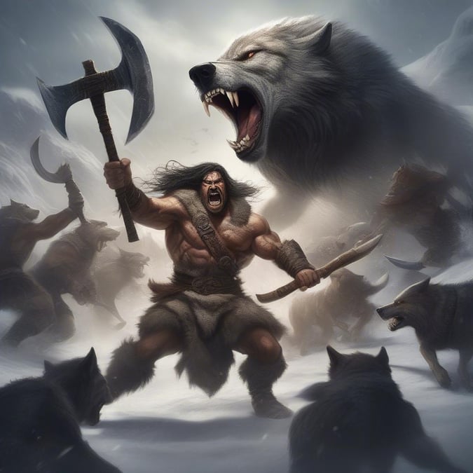 This fantasy battle wallpaper features a muscular man with long hair and a battle axe, surrounded by wolves and a large wolf-like creature. The image is set against a gray background with a subtle texture, giving it a sense of depth and dimension.