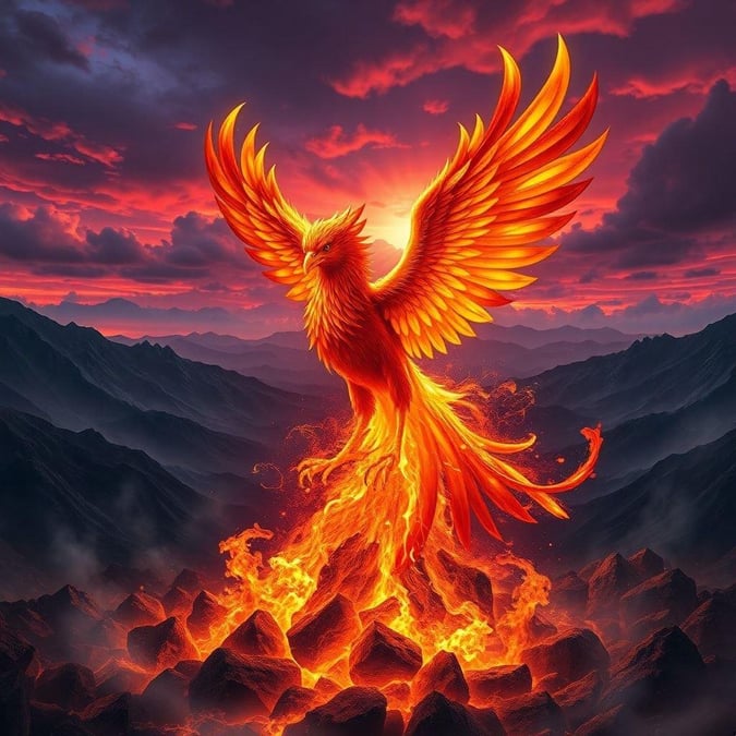 This fantasy wallpaper features a majestic phoenix rising from the ashes, set against a backdrop of a fiery sunset. The phoenix is depicted in vibrant, glowing colors, surrounded by flames and smoke, creating a dramatic and awe-inspiring scene.