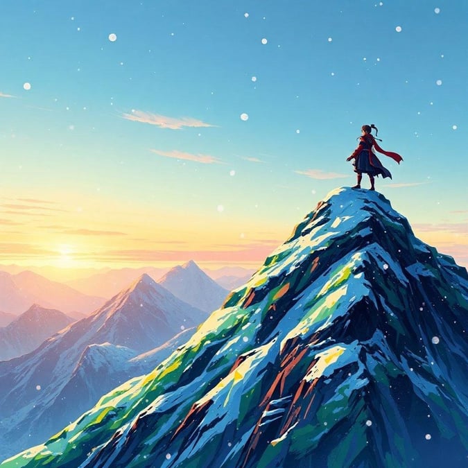 This anime-inspired wallpaper features a serene mountain landscape with a lone ninja perched on top, surrounded by a kaleidoscope of colors and snowflakes.