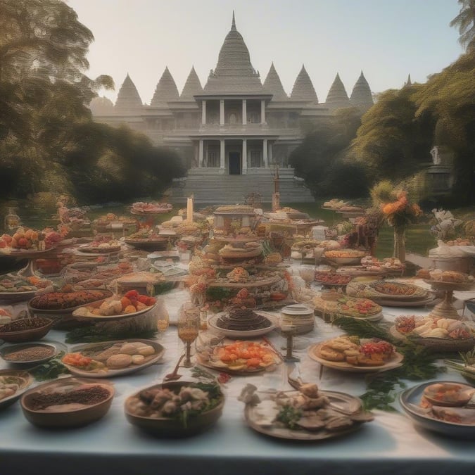 The opulence and grandeur of a celebration in the ancient temple complex of Angkor Wat.