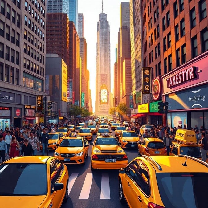 This stunning image captures the essence of New York City's iconic skyline, featuring towering skyscrapers and bustling streets.