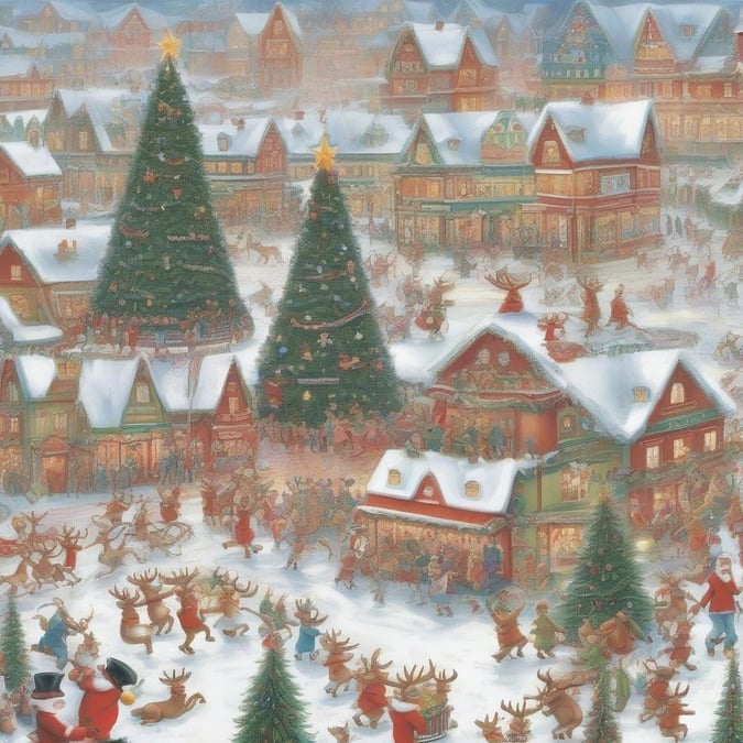 A picturesque village scene celebrating the festive season with Santa's workshop, lit-up trees, and joyful townsfolk.