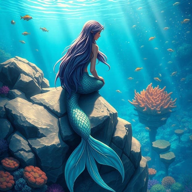 A fantastical mermaid sits on the edge of a rocky outcropping, overlooking a vibrant underwater world teeming with life. Her long hair flows in harmony with her enchanting environment.