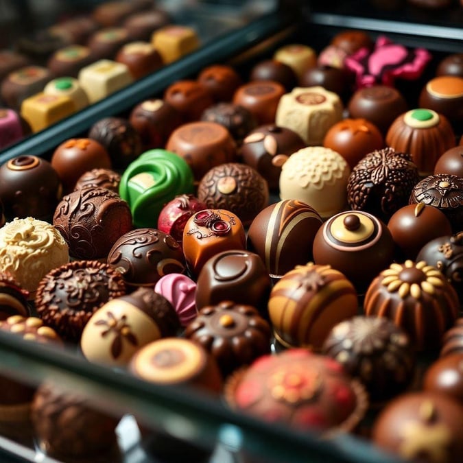 A tempting assortment of chocolates waiting to be savored. From rich dark truffles to creamy milk chocolate pieces, each piece is a delightful culinary experience.