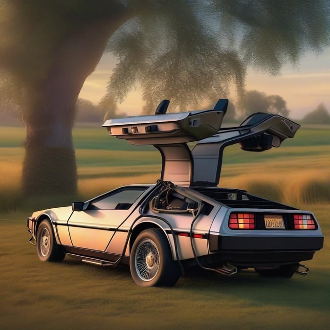 This vintage car is the iconic DeLorean from the Back to the Future movie series, known for its futuristic design and time-traveling capabilities. The car has a distinctive stainless steel exterior, gull-wing doors, and flux capacitor on top, all of which make it instantly recognizable as Doc Brown's famous vehicle. This scene captures the essence of the series, where this car serves as both a mode of transportation and a symbol of adventure in a time-bending quest to save the future.