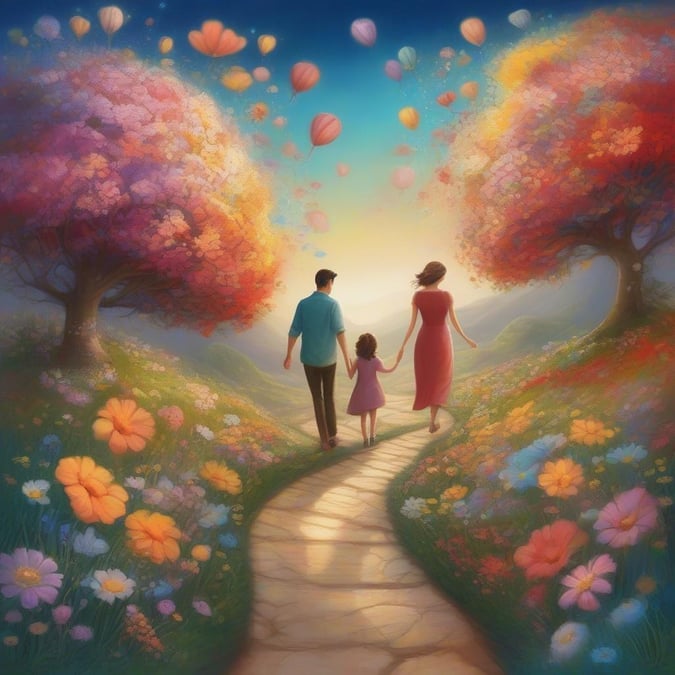 A family enjoys a peaceful walk through a vibrant garden, celebrating love and companionship.