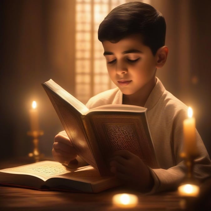 A young boy in traditional clothing is engrossed in reading a copy of the Quran during Ramadan. The room is softly lit, creating a peaceful and serene atmosphere, emphasizing the significance of the holy book.