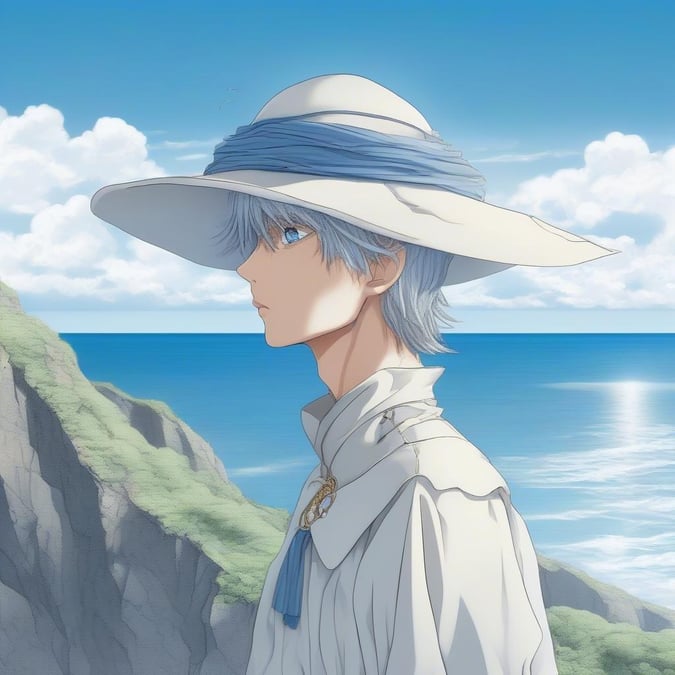 A serene scene featuring an anime mannequin overlooking a vast ocean on a windswept cliff. The mannequin, with its distinctive hat and piercing gaze, adds a touch of mystery to the tranquil landscape.