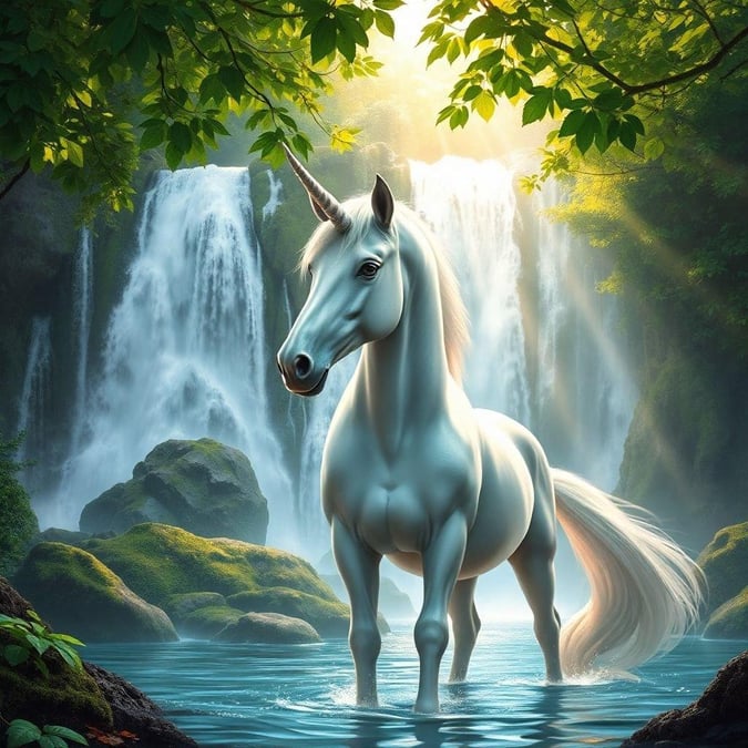 Step into a world of wonder with this captivating fantasy creature wallpaper, featuring a majestic unicorn amidst a lush, vibrant landscape.