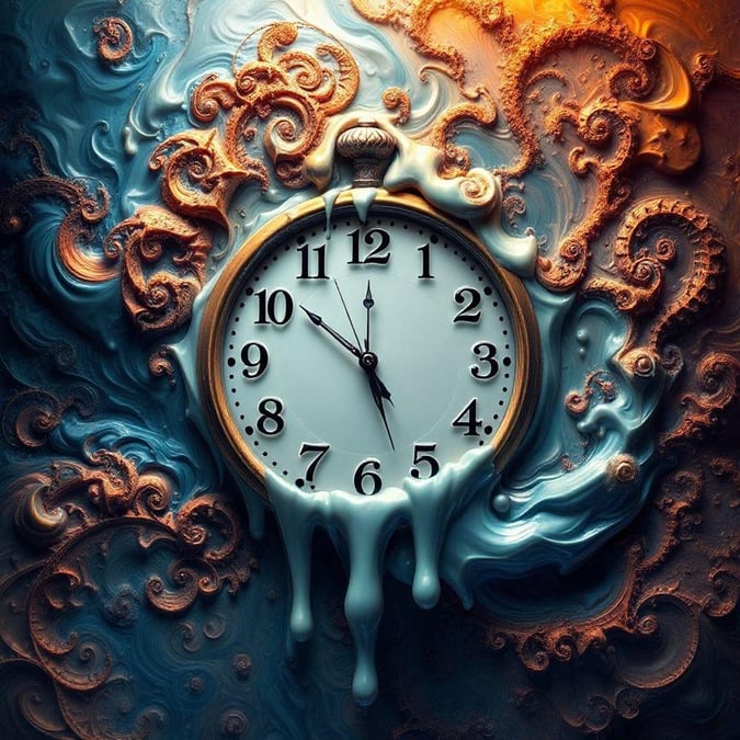 An abstract clock with a swirling sea of melting ice, where the hands are frozen in time amidst the fantastical world of the art nouveau tradition.