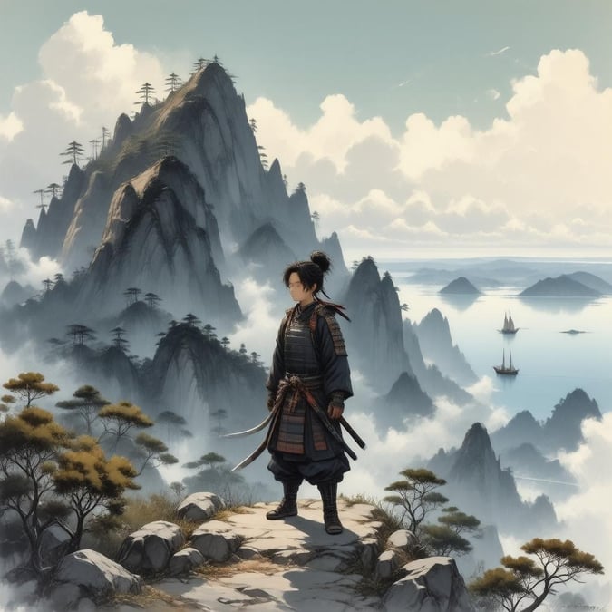 This anime-style illustration features a young samurai standing on top of a misty mountain peak, with a serene and majestic background of a large body of water and a bright blue sky with scattered clouds.