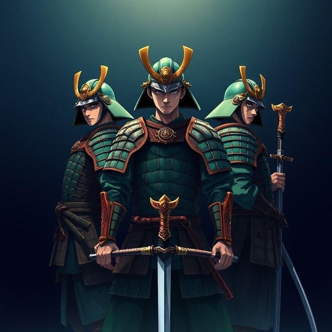 Un'illustrazione anime straordinaria che cattura il coraggio e l'abilità dei guerrieri samurai. Il trio sta insieme in unisono, la loro armatura splendente sotto il cielo scuro, pronto ad affrontare qualsiasi sfida.