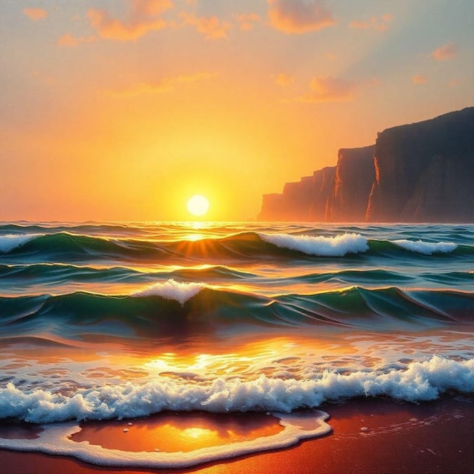 This image captures the breathtaking beauty of an ocean sunset, with the sun dipping below the horizon and casting a warm glow over the waves. The sky is painted with hues of orange, pink, and purple, creating a stunning visual effect. The ocean's gentle waves and the sandy beach in the foreground add to the serene atmosphere of the scene. This image is perfect for anyone who loves the ocean and the beauty of nature.