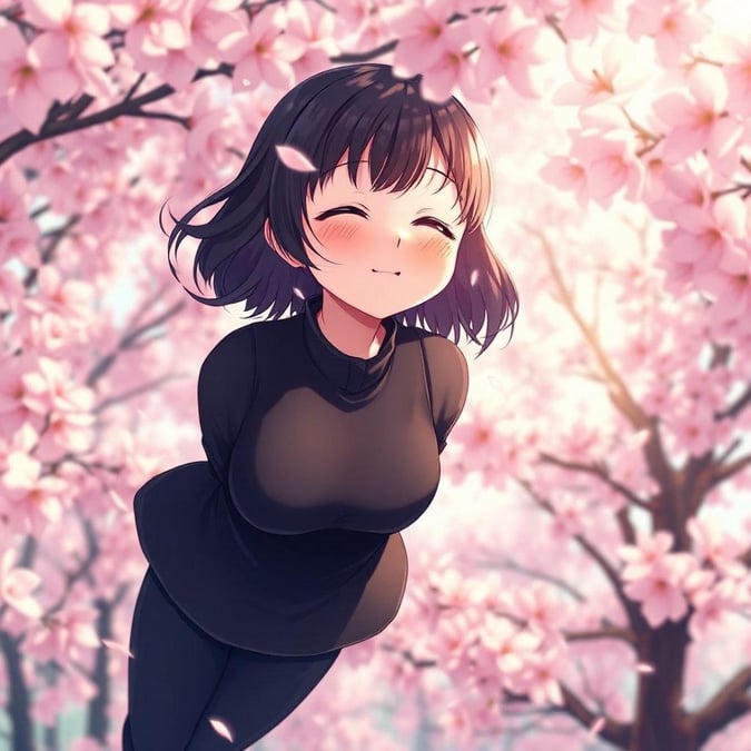 This wallpaper features a young anime girl floating amidst a swarm of cherry blossom trees, exuding a sense of serenity and joy. Her closed eyes and gentle smile add to the peaceful ambiance, while her black outfit provides a striking contrast to the vibrant pink blossoms. The background is filled with delicate cherry blossoms, creating an enchanting scene that captures the imagination of a schoolgirl.