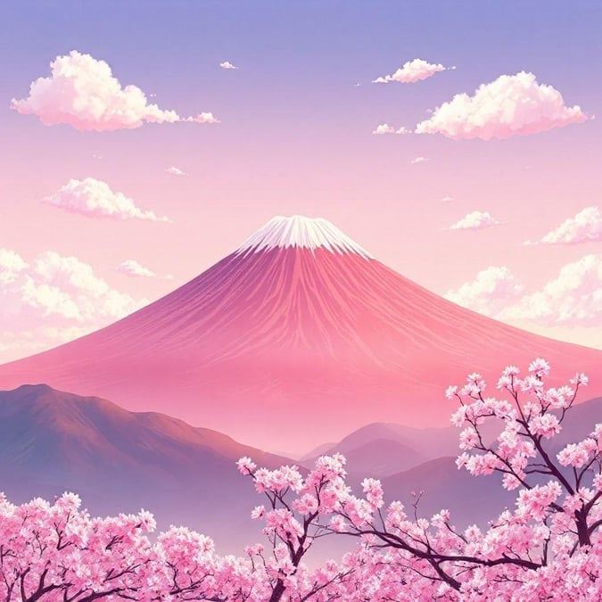 A serene anime-style illustration depicts Mount Fuji under the warm hues of a sunset, with cherry blossoms blooming in the foreground. The tranquil landscape is bathed in shades of pink and orange.