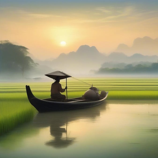 A peaceful scene of a person in a boat on a body of water, with the sun setting in the background.