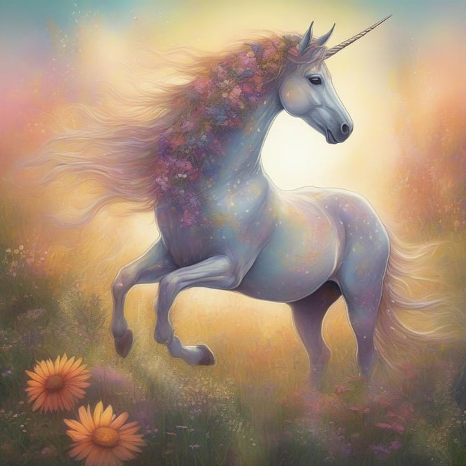 A vibrant scene of a magical unicorn galloping through a flower-filled field. The unicorn's mane flows with the movement, creating a sense of freedom and wonder.