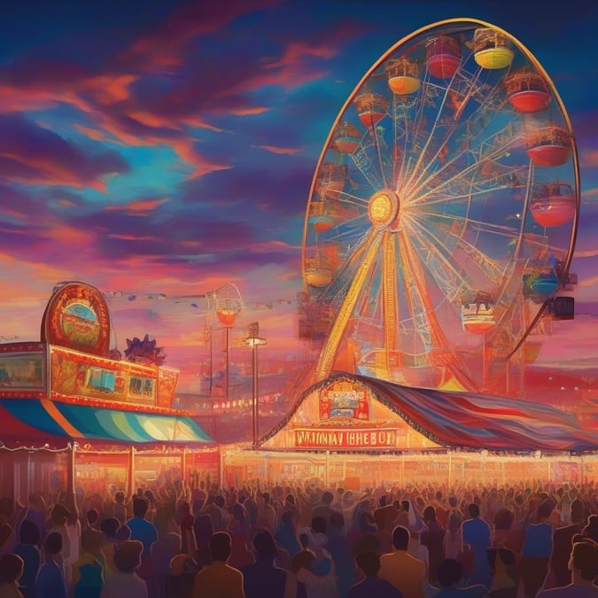 A vibrant and colorful illustration of a carnival scene, with a large Ferris wheel as the main attraction.