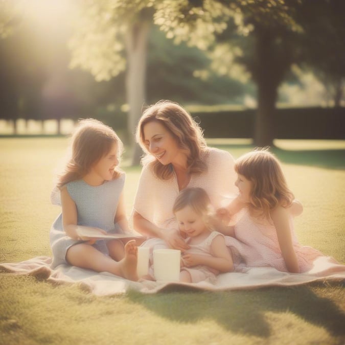 This tranquil scene captures the essence of a family day out in the park, with a loving mother sharing quality time with her children. The soft glow of sunlight bathes them as they sit on the lush grass, engaging in joyful activities that fill their hearts with love and happiness.