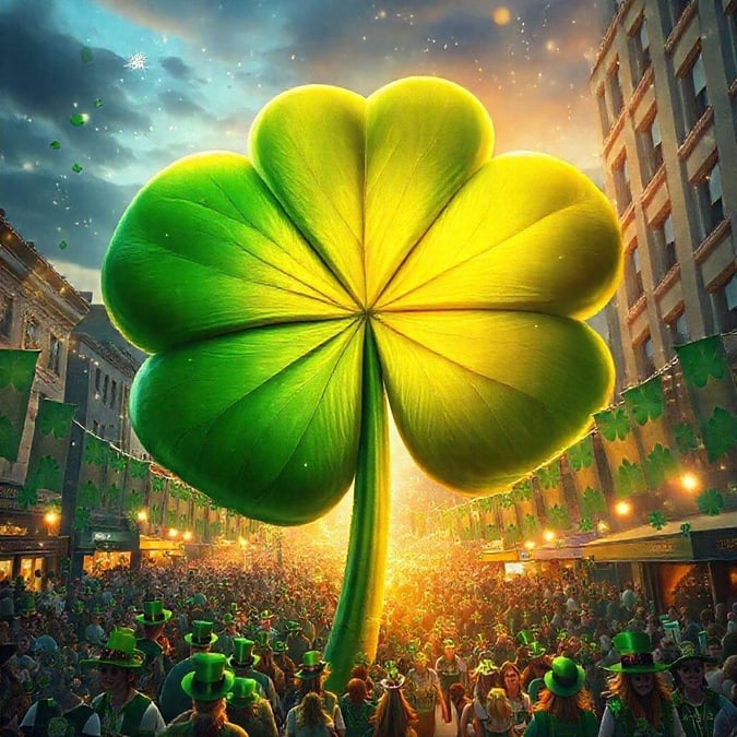 The lively atmosphere of a St. Patrick's Day parade with a crowd of people dressed in vivid green attire, and a large four-leaf clover as the centerpiece.