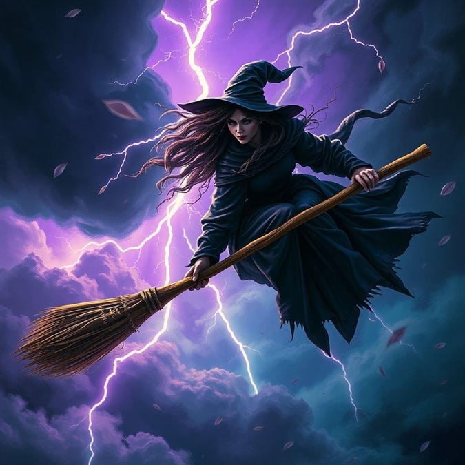 A witch takes flight on her trusty broomstick, surrounded by a stormy sky and lightning bolts, in this spooky Halloween wallpaper.