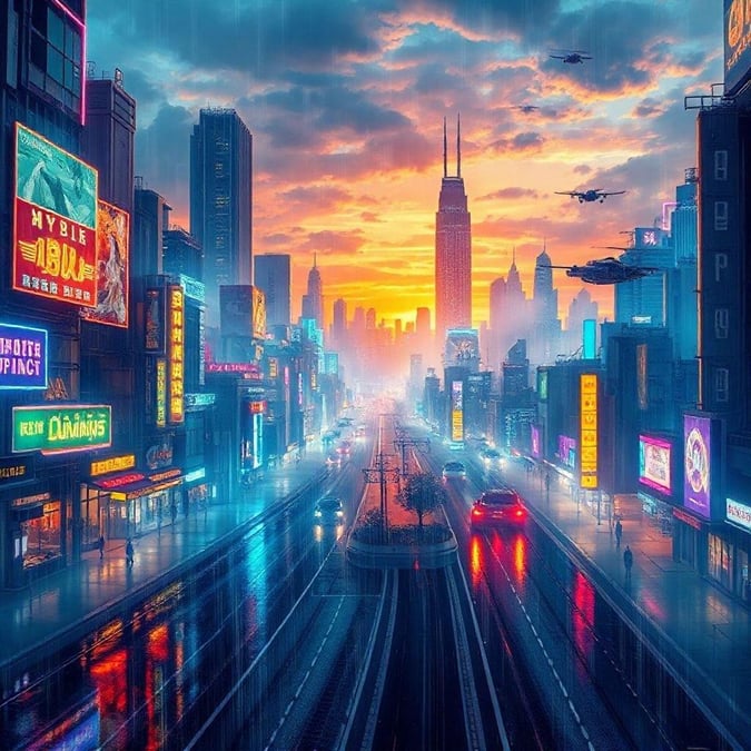 Mergulhe em uma vibrante paisagem urbana futurista ao pôr do sol, com luzes de néon refletindo no pavimento molhado e um horizonte urbano distante que adiciona profundidade.