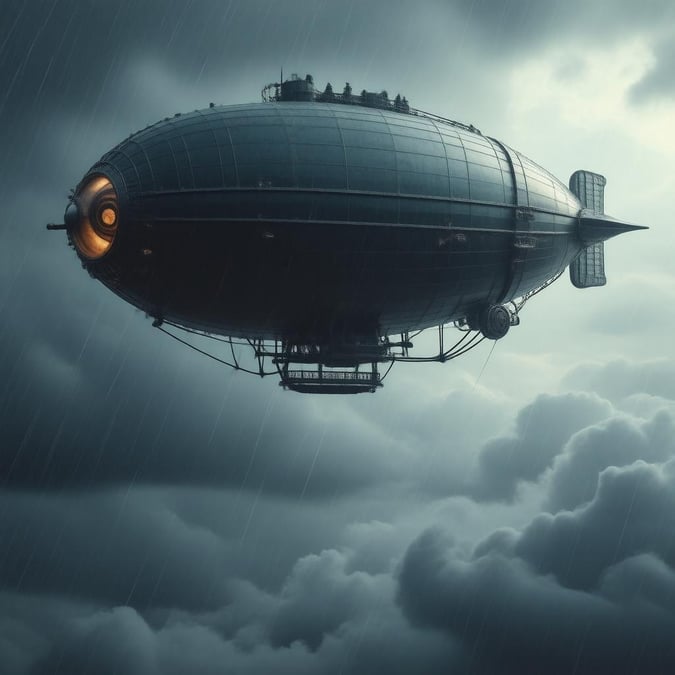 A stunning image of a steampunk-style airship flying through a stormy night sky, with its unique design and the dramatic clouds creating a captivating scene.