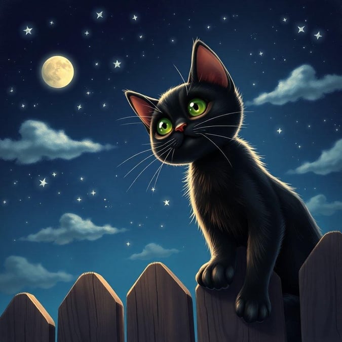 A beautiful and serene image of a cat sitting in front of a window, looking out at the night sky.