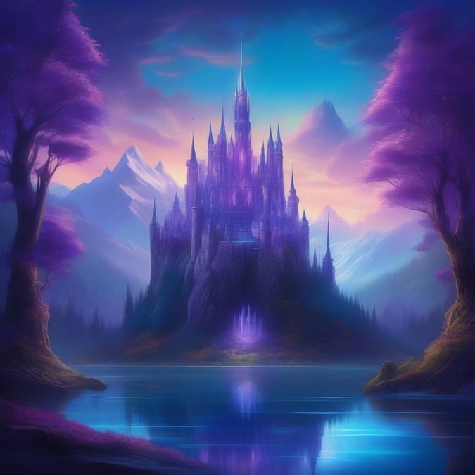 Bring the magic of fairy tales to your screen with this stunning wallpaper. A grand castle looms over a serene lake, surrounded by majestic mountains under an enchanting sky.