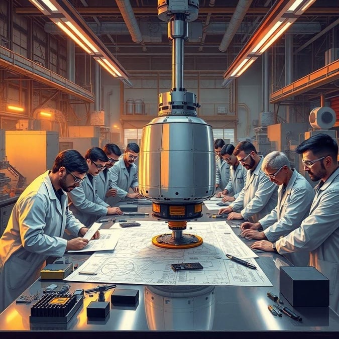 A group of scientists in white lab coats collaborating on a complex piece of equipment, indicative of modern technology and scientific research.