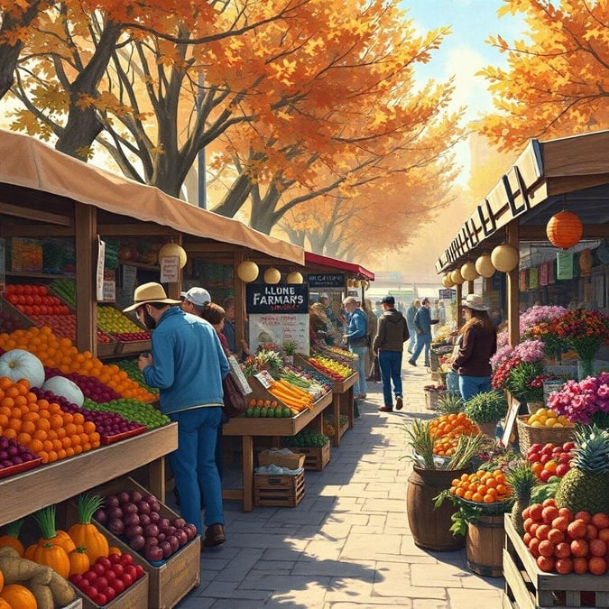 A lively scene at an outdoor farmers market with a bounty of fresh fruits for sale.