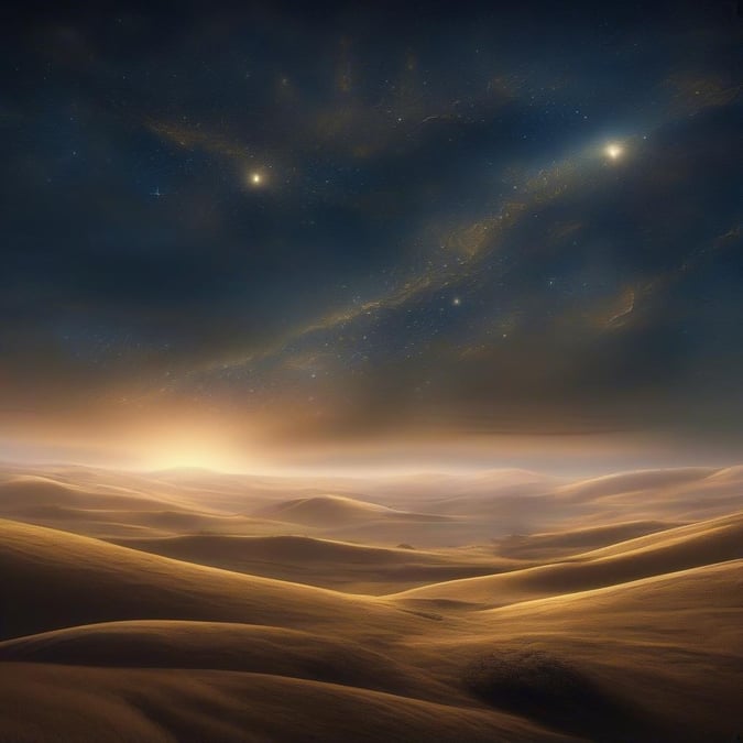 A breathtaking view of a vast desert landscape at night, illuminated by the glow of distant stars.