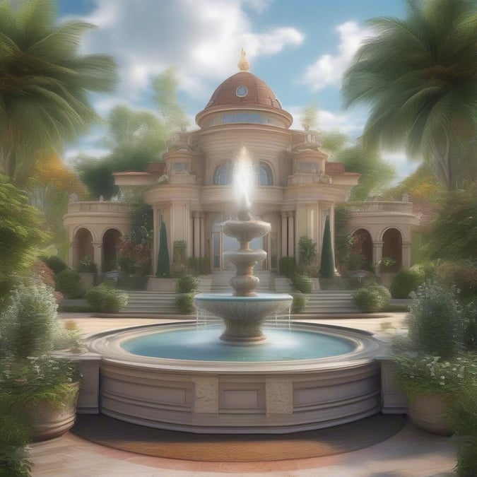 Step into the grand foyer of this luxurious villa, featuring a fountain that serves as its heart. The architectural marvel includes arched windows and balconies, reflecting the opulence within. A perfect blend of classical style and modern comfort.