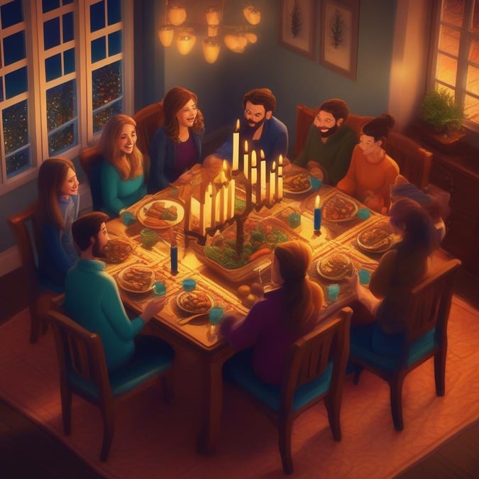 A family gathered around the table, enjoying the warmth of candlelight during their festive dinner. This joyful scene captures the essence of togetherness and tradition.