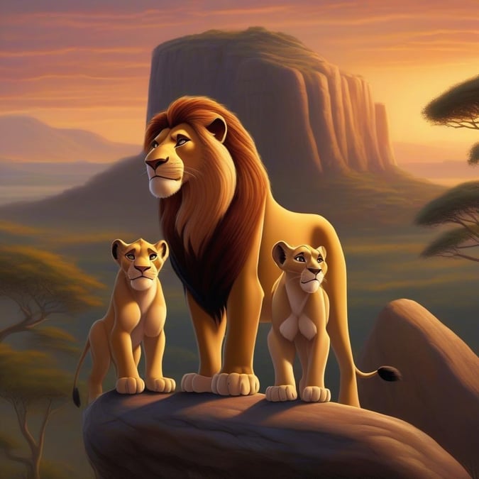 Experience the magic of Disney's The Lion King with this stunning wallpaper featuring Simba, Nala, and Mufasa.