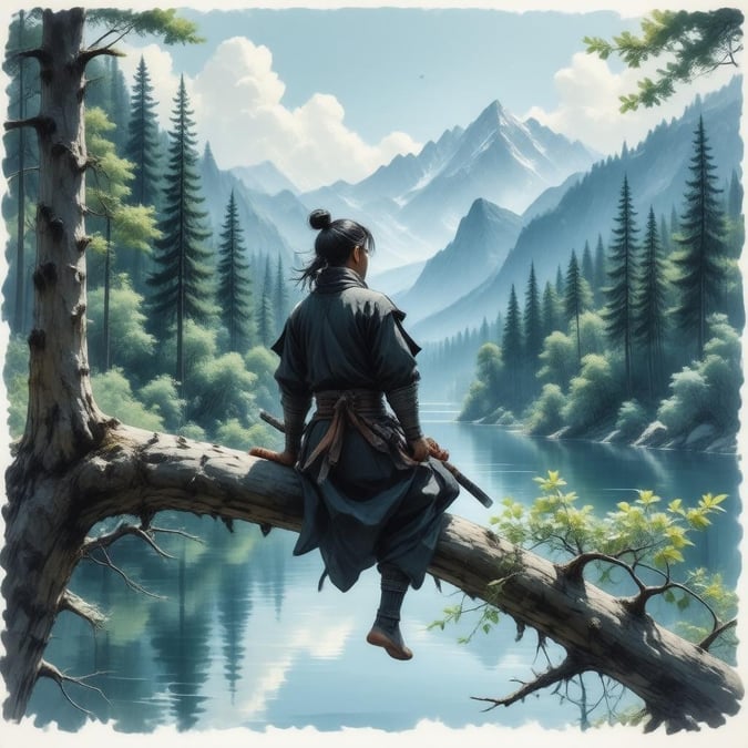 Diese fesselnde Illustration im Anime-Stil zeigt einen stoischen Ninja-Krieger in Kontemplation, der auf einem Ast sitzt und einen ruhigen See überblickt. Der ruhige Wald und die entfernte Bergkette schaffen eine atemberaubende Kulisse, die die Zuschauer einlädt, in die friedliche Atmosphäre einzutauchen.