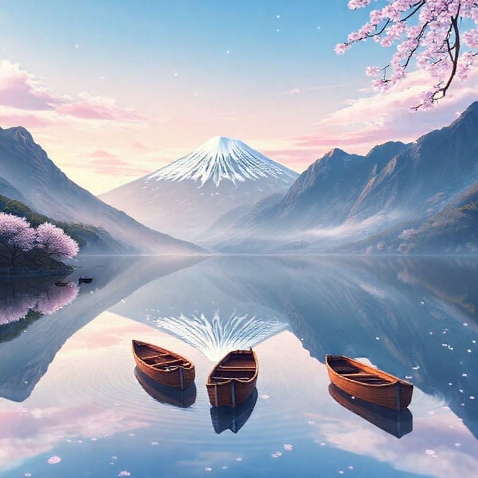 Immerse yourself in the tranquil world of anime, where Mount Fuji's majestic beauty is perfectly reflected in a calm lake, surrounded by towering mountains that mirror the serenity of the scene. Soft light bathes the landscape, capturing a moment of peaceful harmony between nature and human elements.