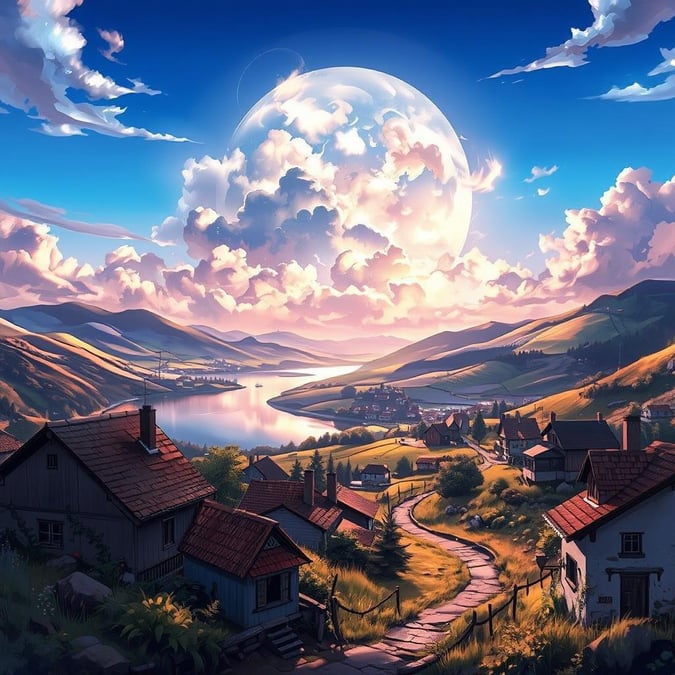 A breathtaking anime-style landscape at dawn, featuring a large white cloud, quaint houses, and a lush green valley.